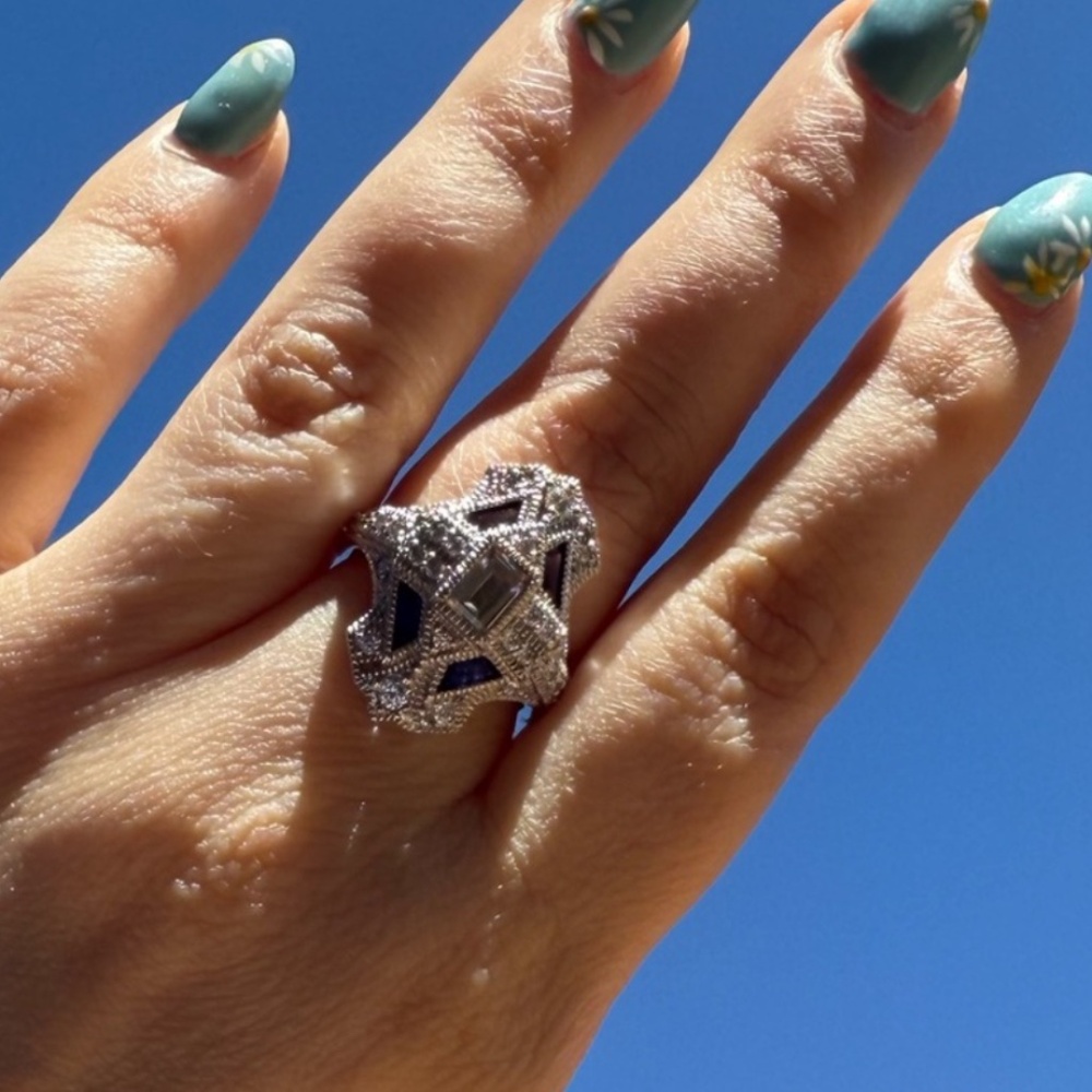 Vintage Sterling Silver Statement Ring Sapphire Blue & Clear CZ  Size 8